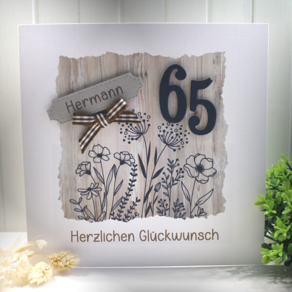 Glückwunschkarte zum Geburtstag "Holzoptik Blüten blau" mit Personalisierung und auf Wunsch als Geldgeschenk Design 119