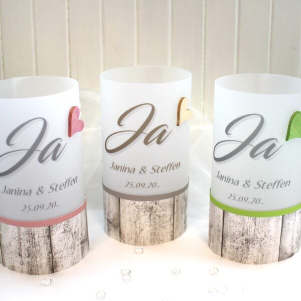 Lichthülle, Windlicht Pergament zur Hochzeit "Ja" Holzoptik mit Holzherz, personalisiert, Design 12036