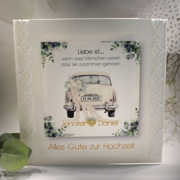 Glückwunschkarte zur Hochzeit "Hochzeitsauto" in gold, mit echter Spitze, incl. Personalisierung und auf Wunsch als Geldgeschenk Design 123