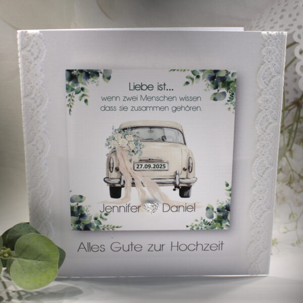 Glückwunschkarte zur Hochzeit "Hochzeitsauto" in silber, mit echter Spitze, incl. Personalisierung und auf Wunsch als Geldgeschenk Design 123