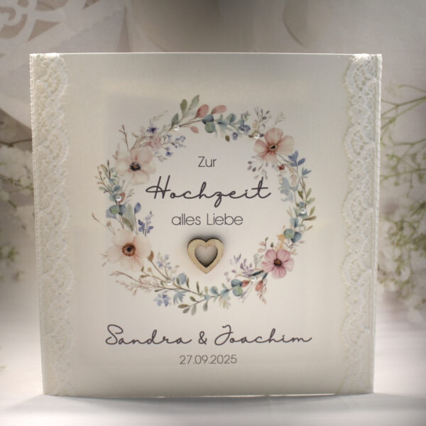 Glückwunschkarte zur Hochzeit "Blütenkranz" mit echter Spitze, incl. Personalisierung und auf Wunsch als Geldgeschenk Design 124
