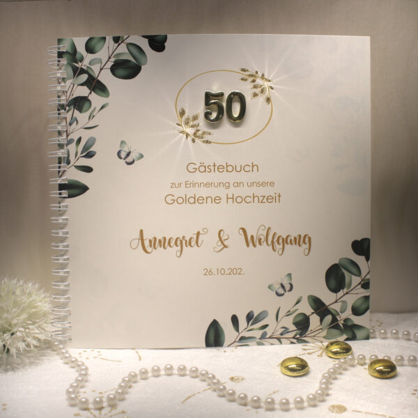 Gästebuch zur Goldenen Hochzeit, Eukalyptus, personalisiert Design 12815