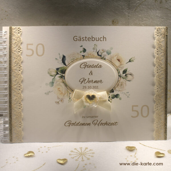 Gästebuch zur Goldenen Hochzeit "Rosentraum" mit echter Spitze Design 12814