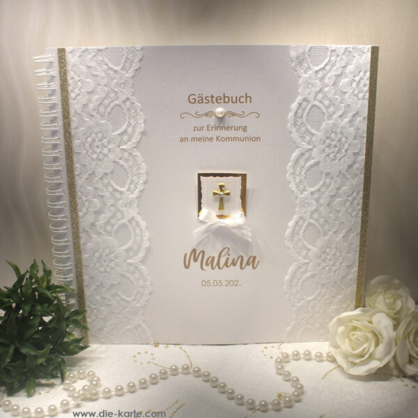 Gästebuch "Kreuz gold" mit echter Spitze zur Konfirmation, Kommunion, Firmung oder Taufe Design 14002
