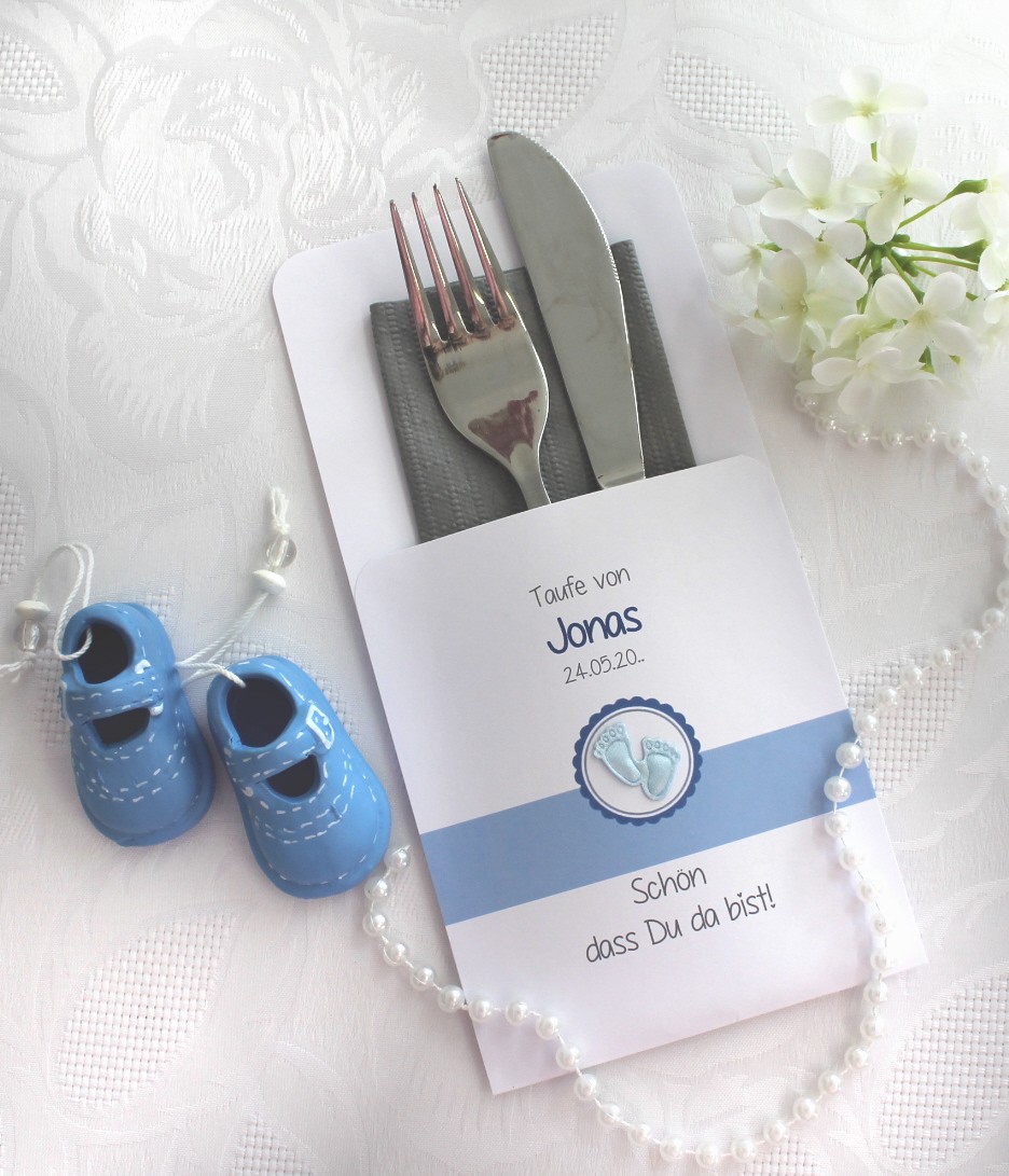 Bestecktasche zur Taufe rosa oder hellblau "Füße" personalisiert, Design 200 – Bild 2