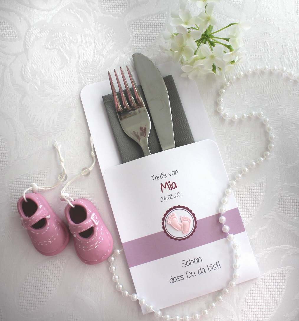 Bestecktasche zur Taufe rosa oder hellblau "Füße" personalisiert, Design 200