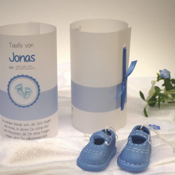 Lichthülle, Windlicht Pergament zur Taufe "Füße" blau Design 200