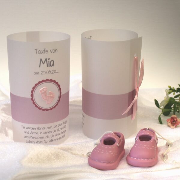 Lichthülle, Windlicht Pergament zur Taufe "Füße" rosa Design 200