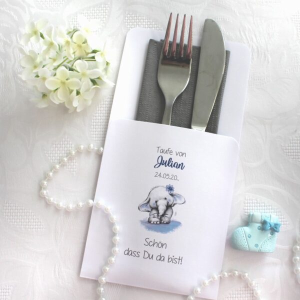 Bestecktasche zur Taufe rosa oder hellblau "Kleiner Elefant" personalisiert, Design 201