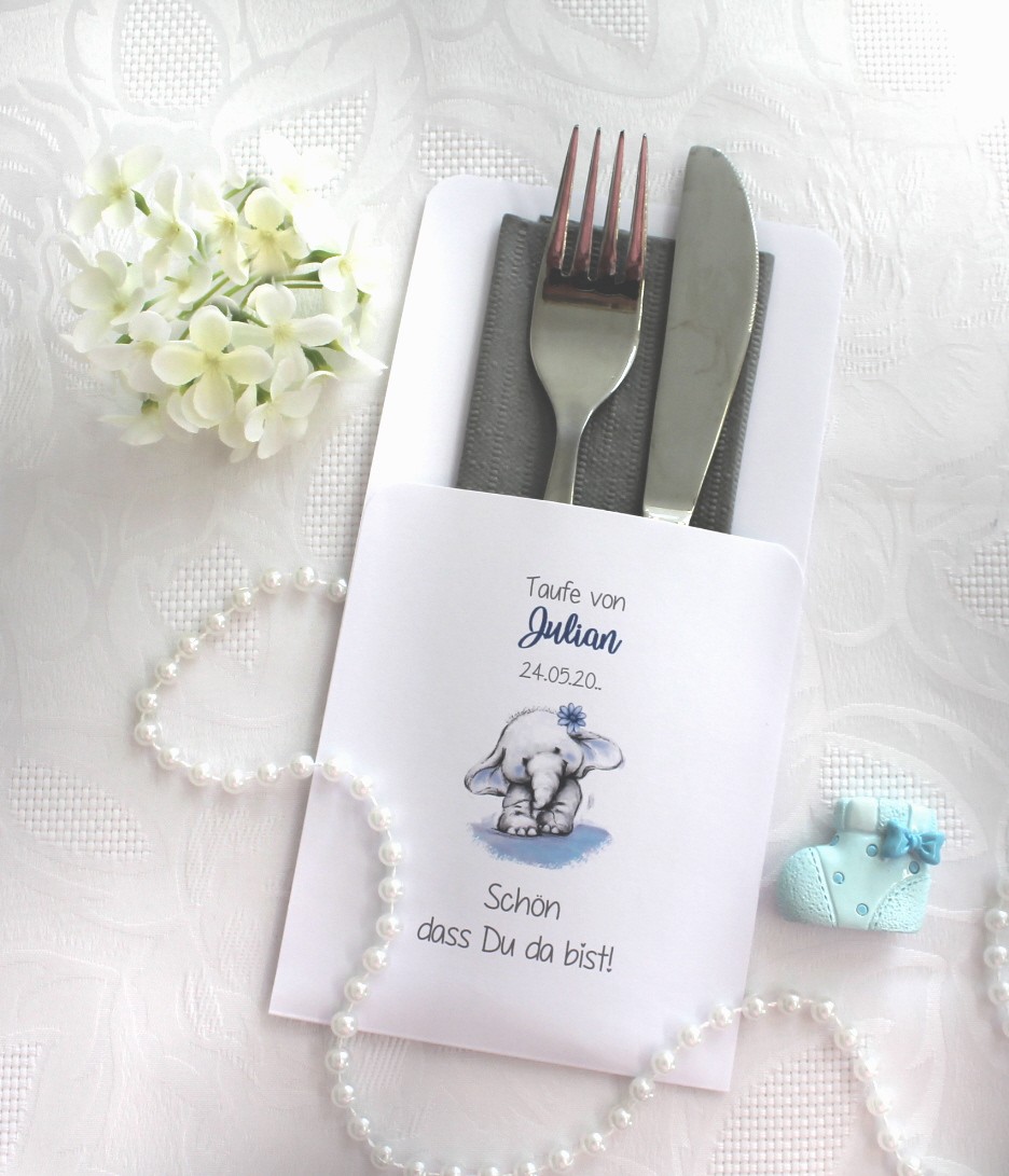 Bestecktasche zur Taufe rosa oder hellblau "Kleiner Elefant" personalisiert, Design 201