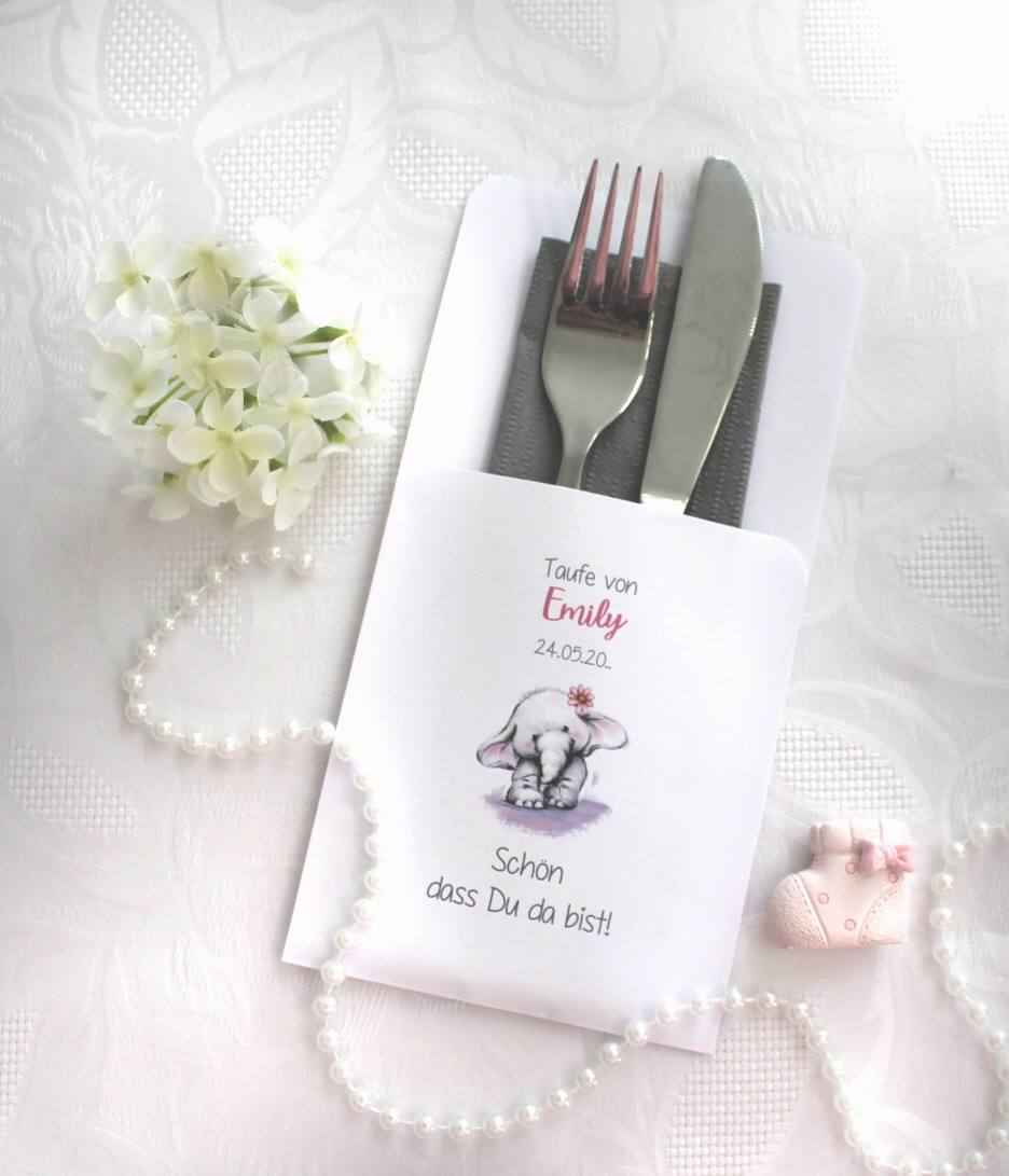 Bestecktasche zur Taufe rosa oder hellblau "Kleiner Elefant" personalisiert, Design 201 – Bild 2