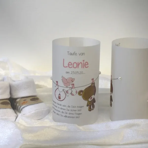 Lichthülle, Windlicht Pergament zur Taufe „kleiner Bär“ rosa oder hellblau personalisiert Design 203