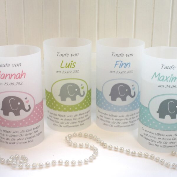 Lichthülle, Windlicht Pergament zur Taufe "Elefant mit Herz" in 4 Farben personalisiert Design 207
