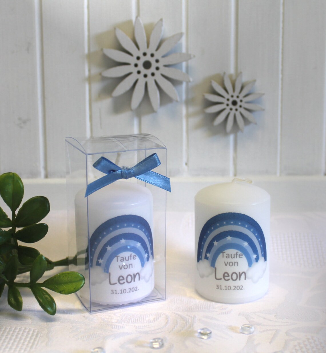 Gastgeschenk Kerze "Regenbogen" wahlweise im Organzasäckchen oder in der Geschenkschachtel mit Schleife Design 210 – Bild 3