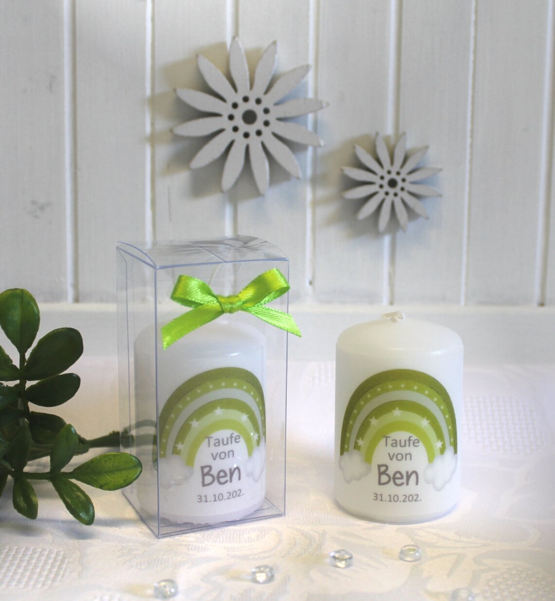 Gastgeschenk Kerze "Regenbogen" wahlweise im Organzasäckchen oder in der Geschenkschachtel mit Schleife Design 210 – Bild 4