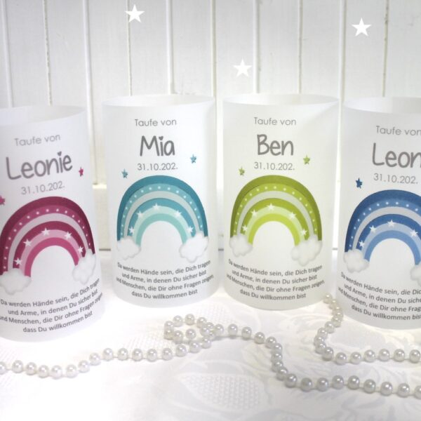 Lichthülle, Windlicht Pergament zur Taufe "Regenbogen" in 4 Farben personalisiert Design 210