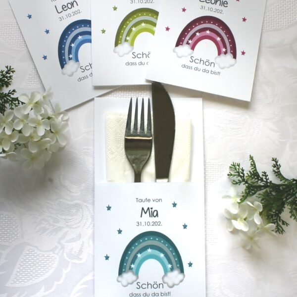 Bestecktasche "Regenbogen" zur Taufe, personalisiert, Design 210 in grün-rosa-blau oder türkis
