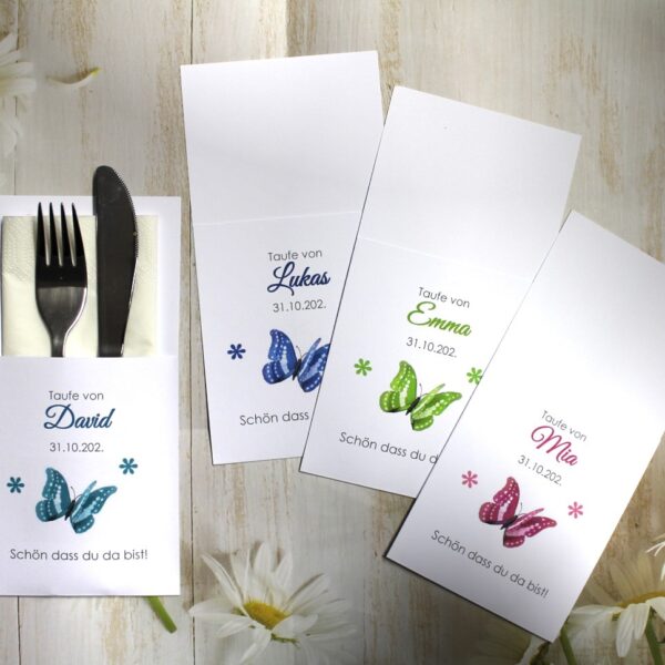 Bestecktasche zur Taufe, Konfirmartion oder Kommunion "Schmetterling", Design 215 in grün-rosa-türkis oder blau
