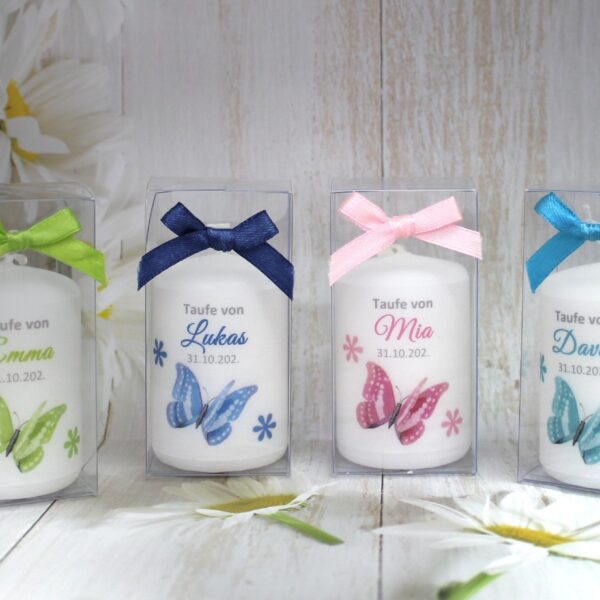 Gastgeschenk Kerze "Schmetterling" wahlweise im Organzasäckchen oder in der Geschenkschachtel mit Schleife Design 215
