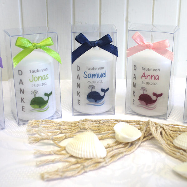 Gastgeschenk Kerze "Wal" wahlweise im Organzasäckchen oder in der Geschenkschachtel mit Schleife Design 216