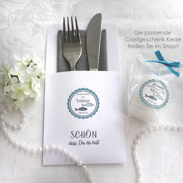 Bestecktasche zur Konfirmation, Kommunion oder Taufe "Fisch" personalisiert, Design 300 in rosa-lila-grün-blau-türkis-altrosa