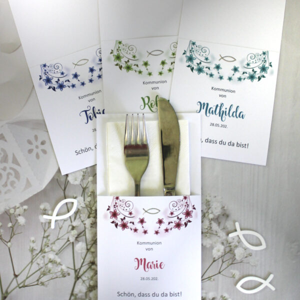 Bestecktasche "Blüten" zur Konfirmation, Kommunion, Firmung oder Taufe Design 301 in rosa-grün-blau oder rosa