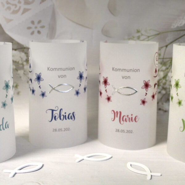 Lichthülle, Windlicht Pergament zur Konfirmation, Kommunion oder Taufe "Blüten" Design 301