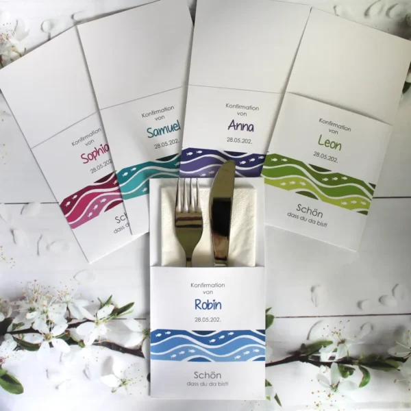 Bestecktasche „Welle“ zur Konfirmation, Kommunion, Firmung oder Taufe Design 302 in rosa-blau-türkis-lila oder grün