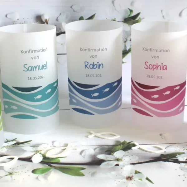 Lichthülle, Windlicht Pergament "Welle" Konfirmation, Kommunion, Firmung oder Taufe Design 302