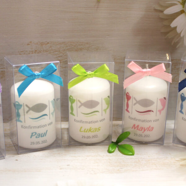 Gastgeschenk Kerze „3 Motive“ wahlweise im Organzasäckchen oder in der Geschenkschachtel mit Schleife Design 314