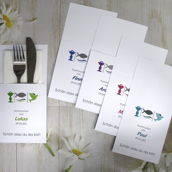 Bestecktasche zur Konfirmation, Kommunion oder Taufe "3 Motive" personalisiert, Design 314 in grün-blau-türkis-rosa oder lila