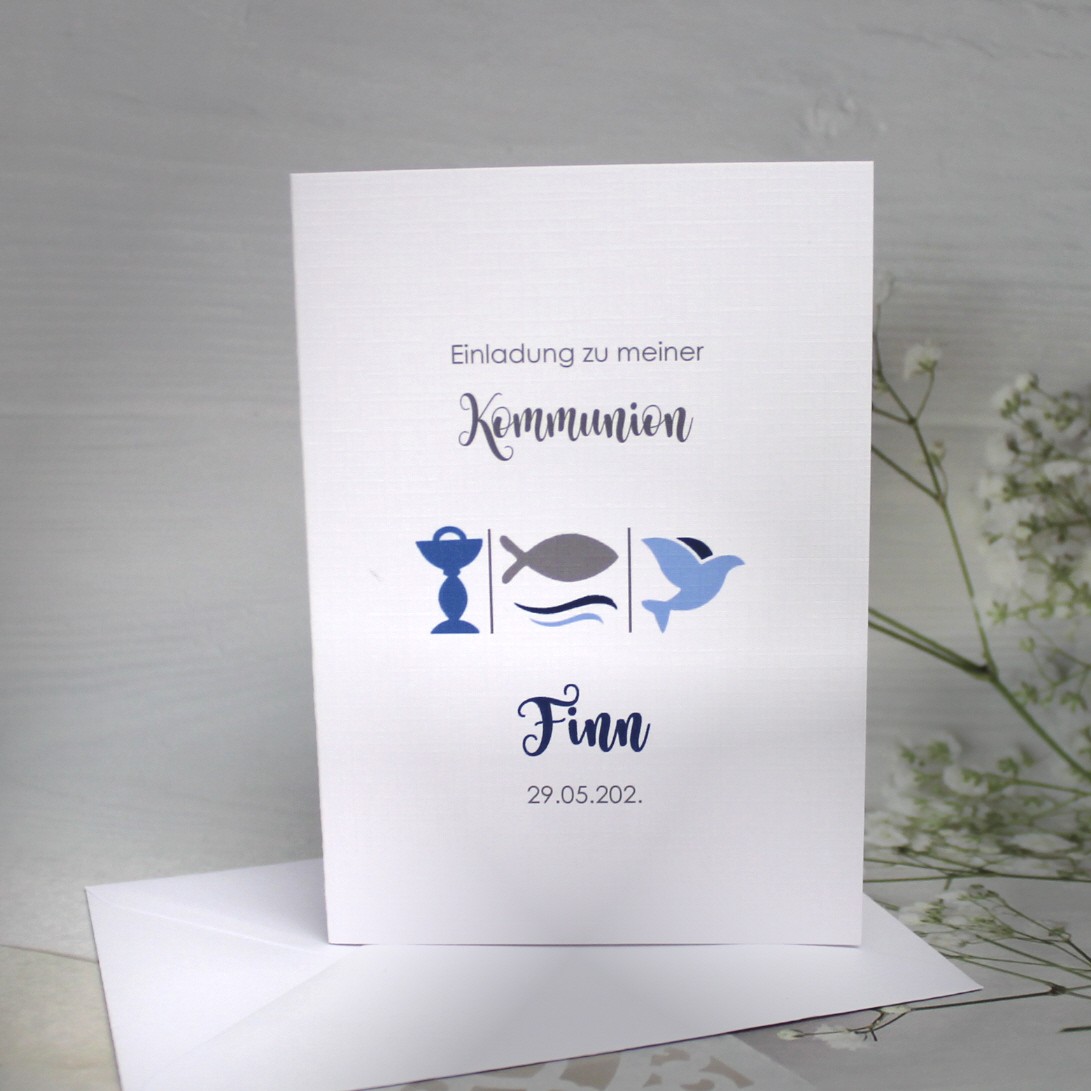 Einladung zur Konfirmation, Kommunion oder Firmung "3 Motive" incl. Umschlag Design K314 blau