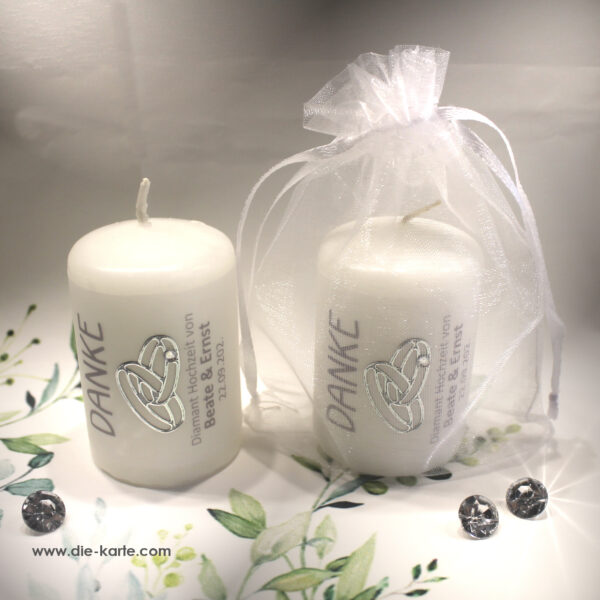 Gastgeschenk Kerze "DANKE" für Ihre Diamant Hochzeit als Dankeschön an Ihre Gäste, im Organzasäckchen, zum kleinen Preis! Design 315DIAHO