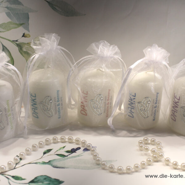Gastgeschenk Kerze "DANKE" mit Ringen für Ihre Hochzeit als Dankeschön an Ihre Gäste, im Organzasäckchen, zum kleinen Preis! Design 315HO