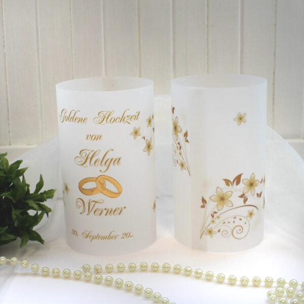 Lichthülle, Windlicht Pergament "Zur goldenen Hochzeit" mit Ringen Design 402