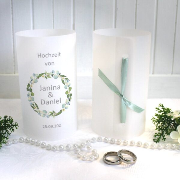 Lichthülle, Windlicht Pergament zur Hochzeit "Eukalyptus Kranz" personalisiert, Design 403