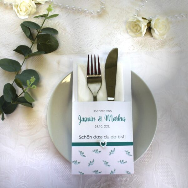 Bestecktasche weiss-grün zur "Hochzeit" mit Blättern und Perlmuttherz, Design 407