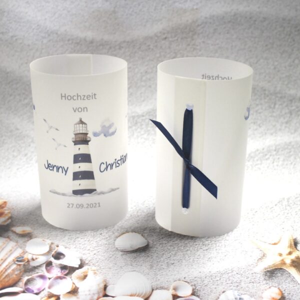 Windlicht zur Hochzeit "Leuchtturm", personalisiert, Design 410