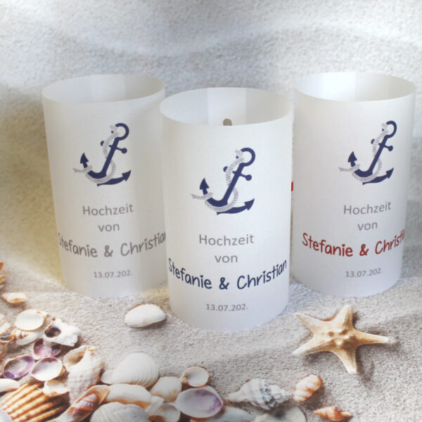 Windlicht zur Hochzeit "Anker Maritim" personalisiert, Design 414
