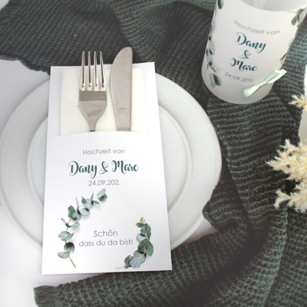 Bestecktasche zur Hochzeit "Eukalyptus" personalisiert, Design 417