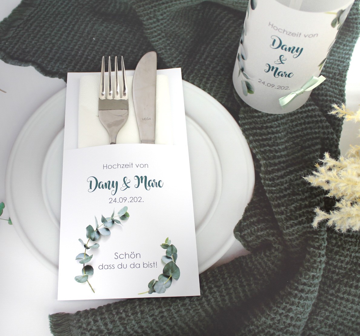Bestecktasche zur Hochzeit "Eukalyptus" personalisiert, Design 417