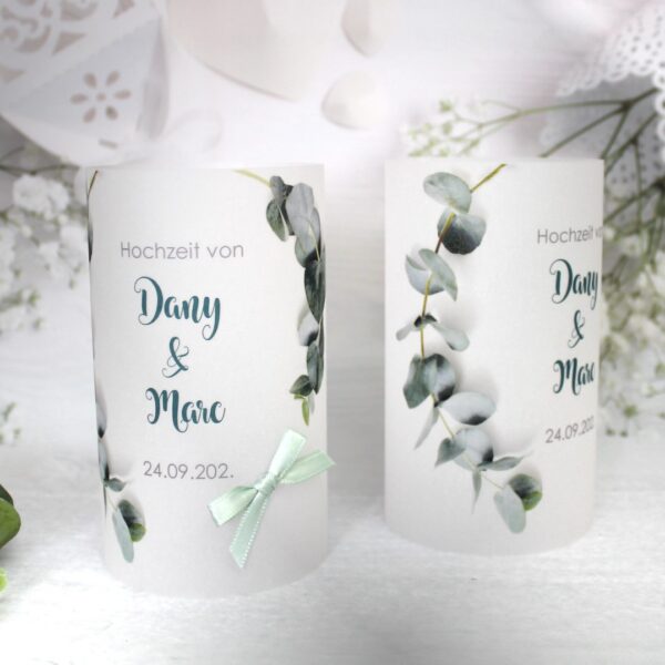 Windlicht zur Hochzeit "Eukalyptus", mit Schleife, personalisiert, Design 417