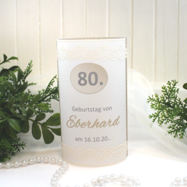 Lichthülle, Windlicht Pergament zum Geburtstag "taupe" mit echter Spitze Design 421