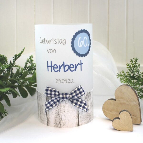 Lichthülle, Windlicht Pergament zum Geburtstag Holzoptik Karoband "blau" Design 422