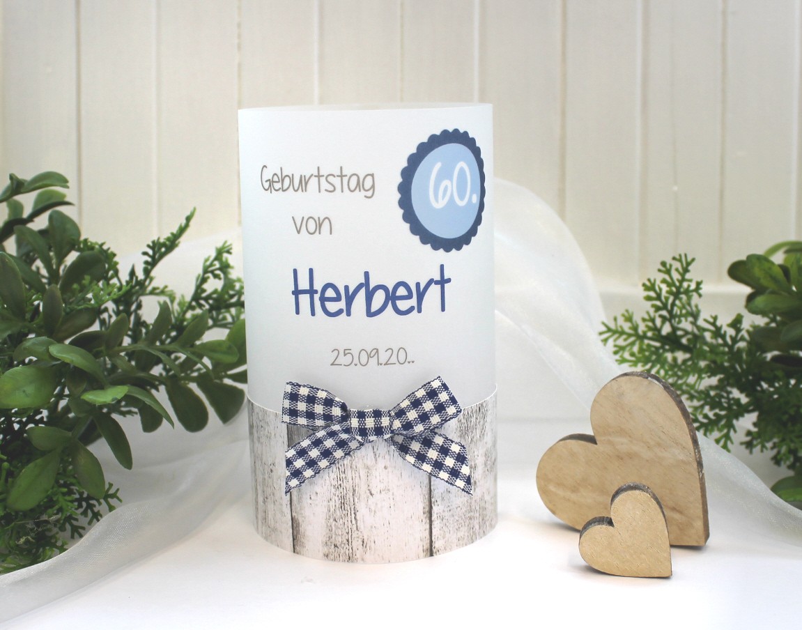 Lichthülle, Windlicht Pergament zum Geburtstag Holzoptik Karoband "blau" Design 422