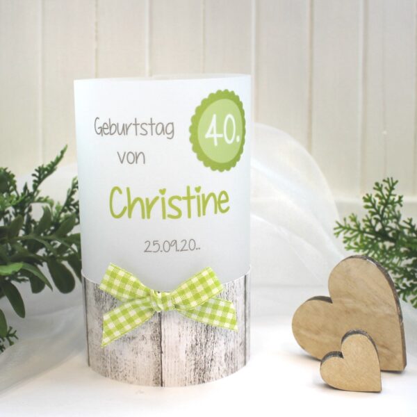 Lichthülle, Windlicht Pergament zum Geburtstag Holzoptik Karoband "grün" Design 422
