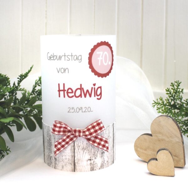 Lichthülle, Windlicht Pergament zum Geburtstag Holzoptik Karoband "rot" Design 422