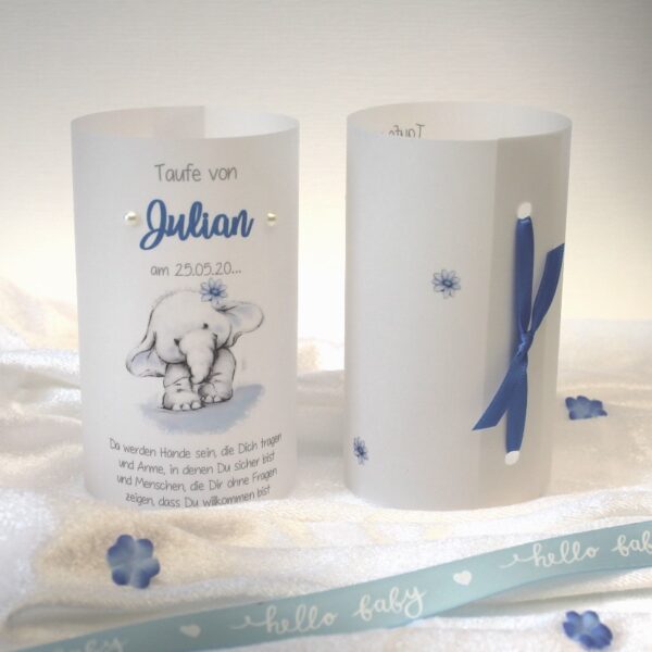 Lichthülle, Windlicht Pergament zur Taufe "kleiner Elefant" rosa oder hellblau personalisiert Design 201