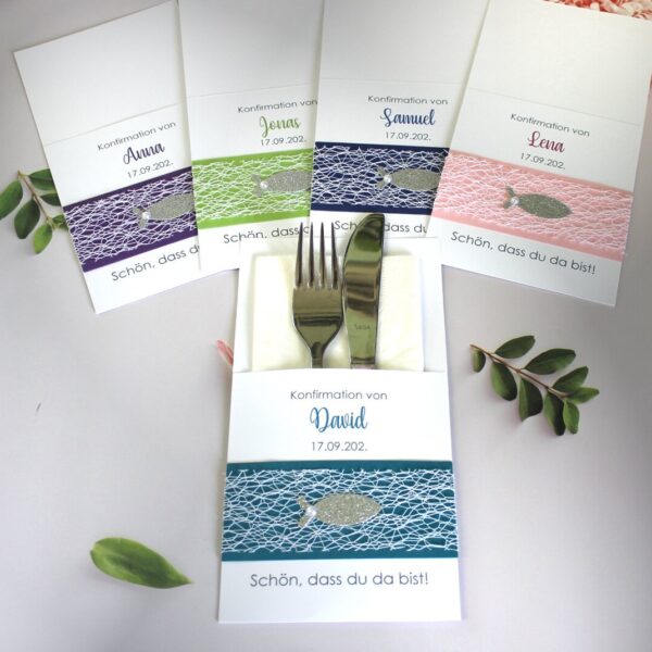 Bestecktasche "Gitter" zur Konfirmation, Kommunion, Firmung oder Taufe Design 5002 in grün-blau-lila-rosa oder türkis