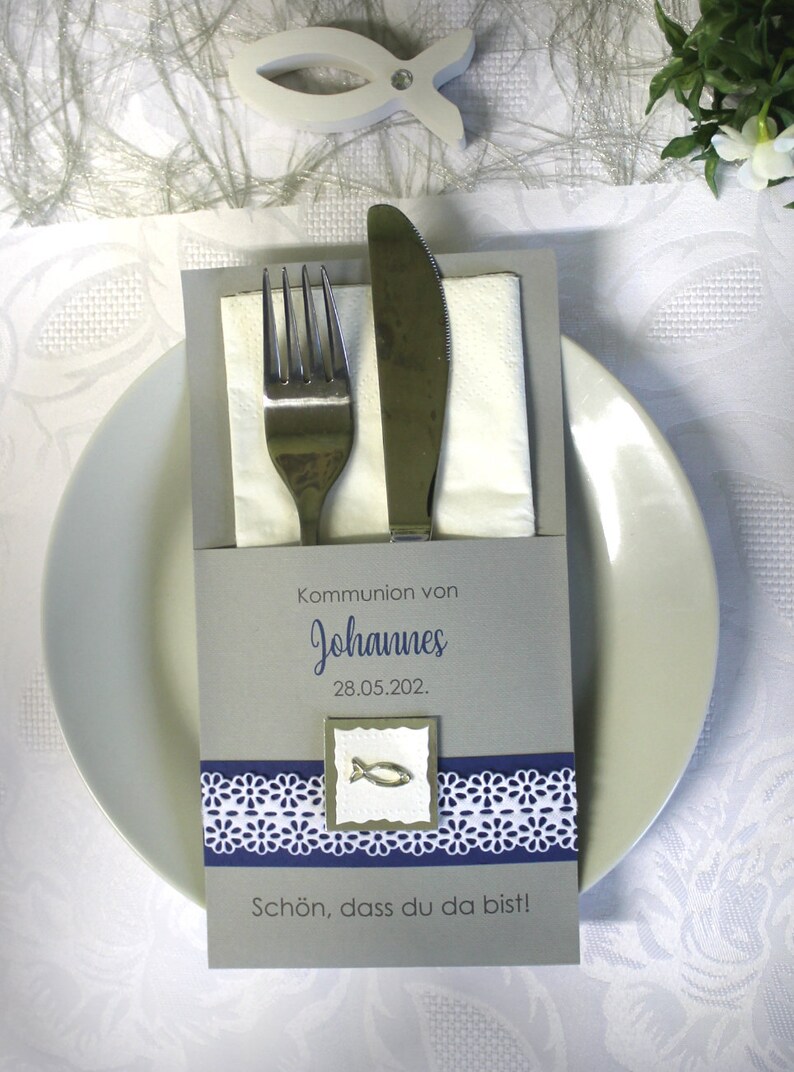 Bestecktasche "Blütenband und Fisch" zur Konfirmation, Kommunion, Firmung oder Taufe Design 5012 in blau-lila-grün-rosa oder türkis – Bild 3